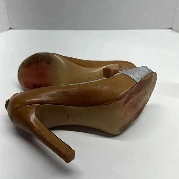 Tory Burch Runway Cluny High Heel Shoes Pumps Open Toe Leather Brown Pink 9.5 - Picture 11 of 14